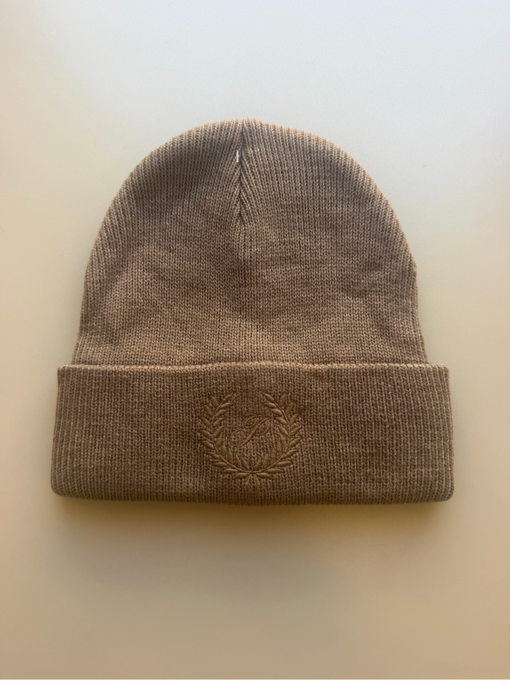 PINK Victoria's Secret Taupe Cuffed Knit Beanie with Embroidered Wreath NWT